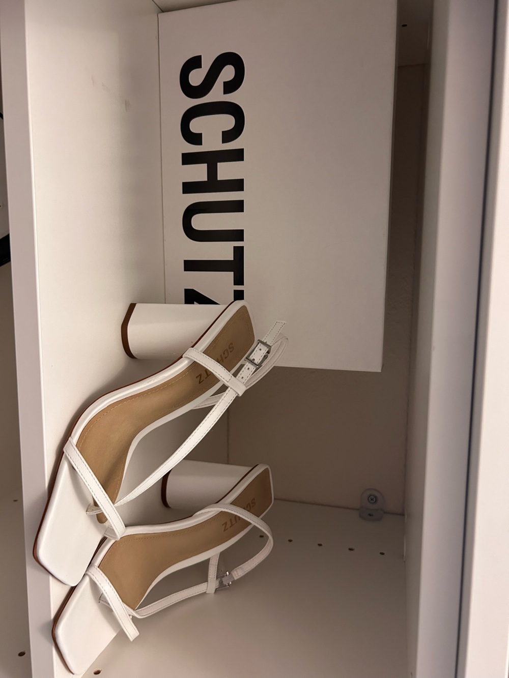 SCHUTZ White Strappy Block Heel Sandals